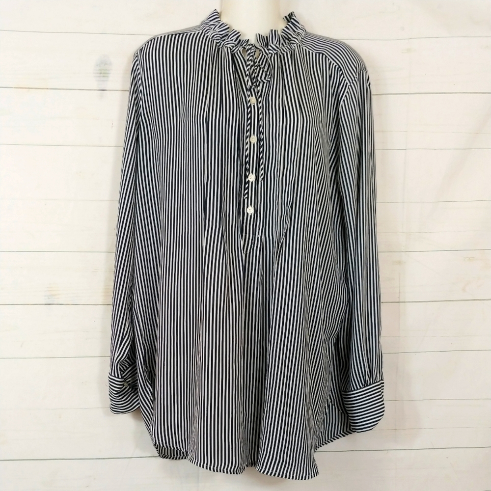 Loft Striped Ruffle Collar Popover Tunic Size Large Pintucking Black White